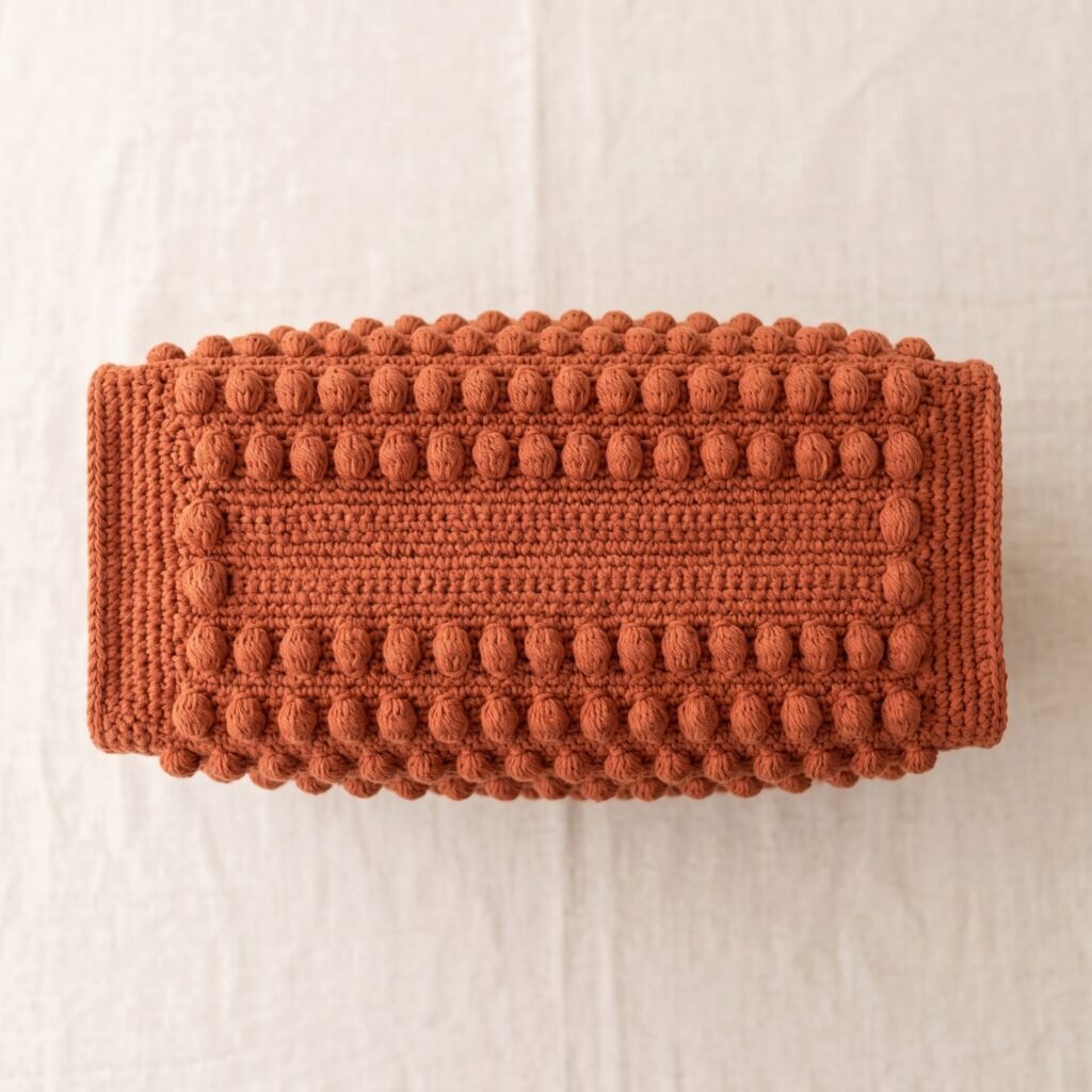 The base of the crochet market tote showing the stitch rounds