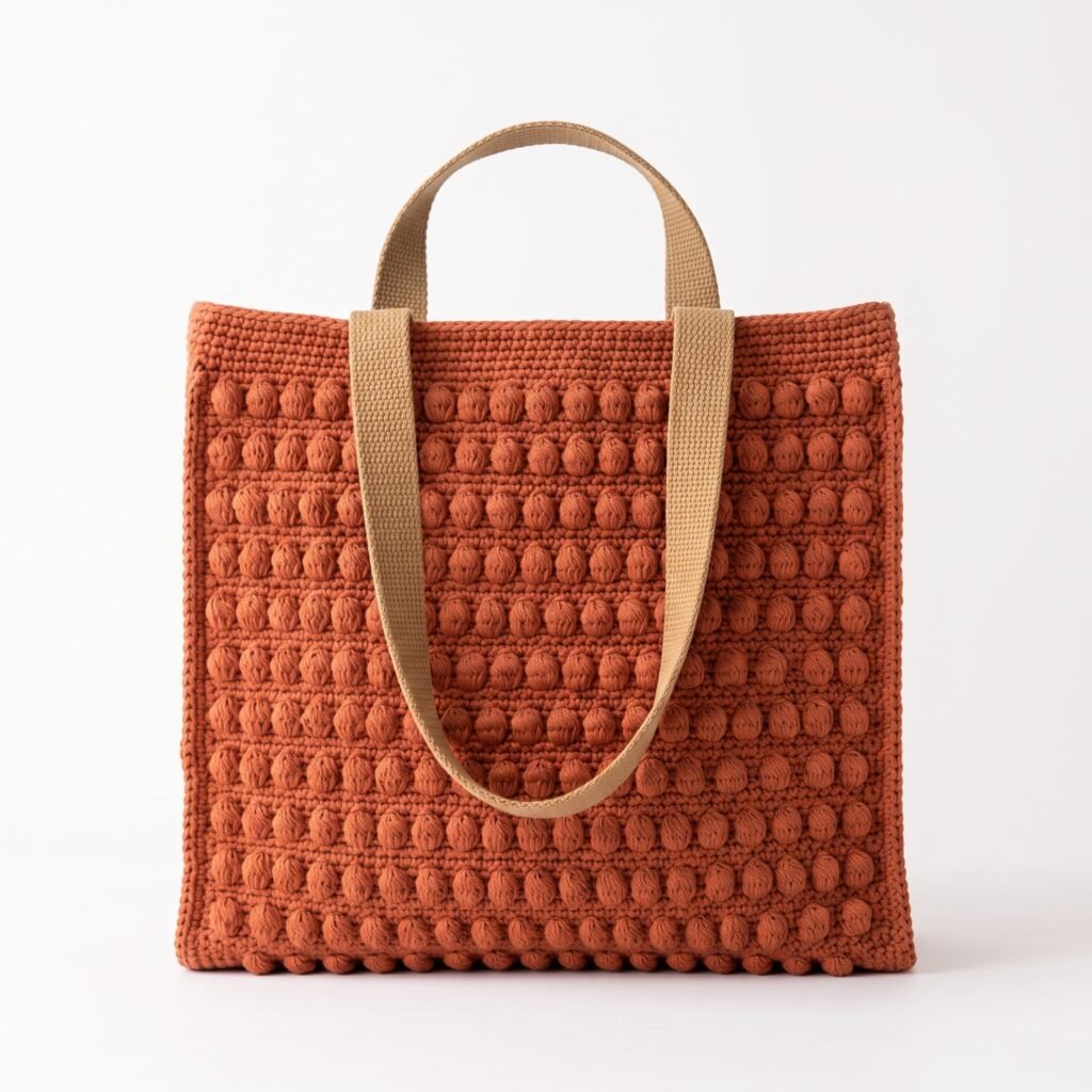 Terracotta crochet market tote bag with bobble stitch texture