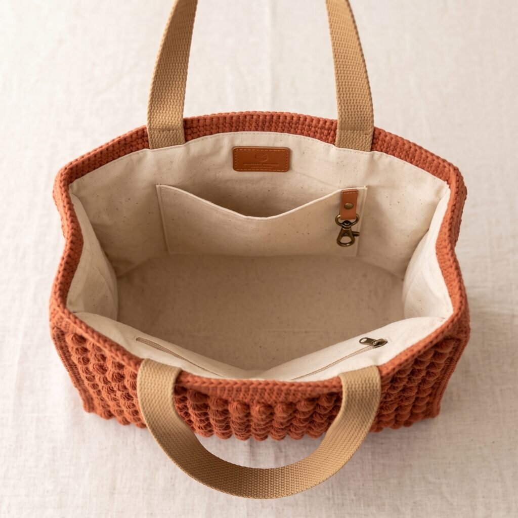 Looking down into the open terracotta crochet tote bag