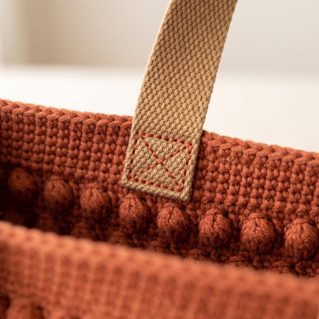 Close-up of the stitching detail on the crochet tote handle