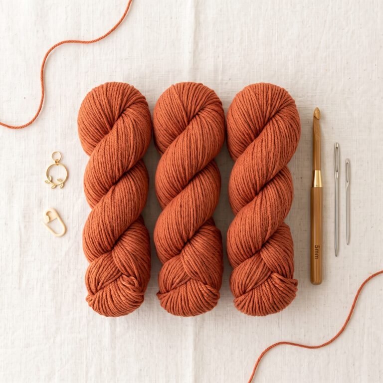 Terracotta yarn and crochet tools laid out on a work surface