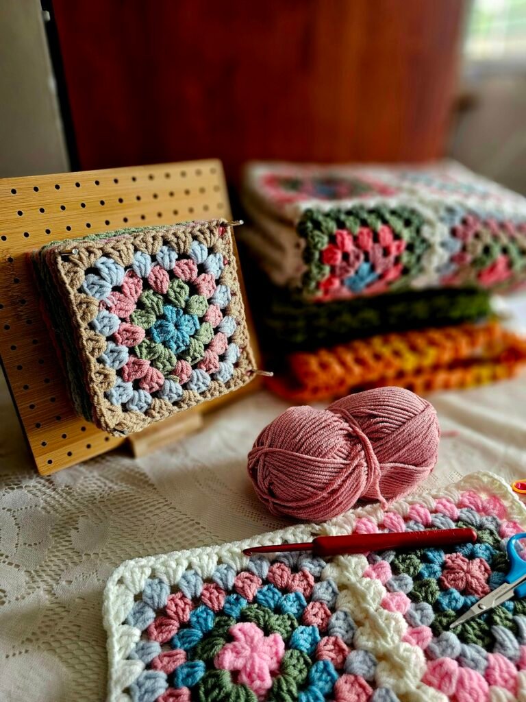 A soft crocheted blanket in progress beside a crochet kit on a bed
