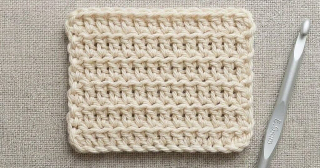 a swatch of half double crochet in cream cotton yarn beside a 5 mm crochet hook