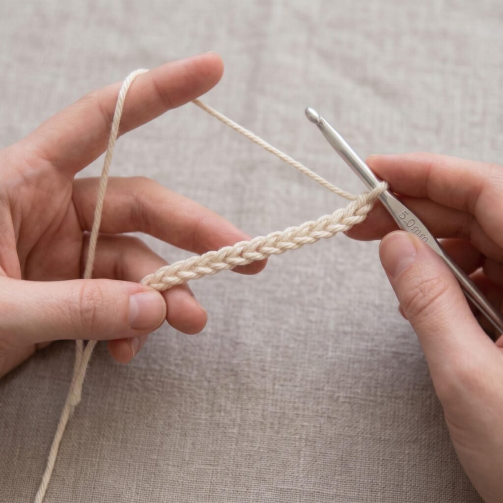 a long foundation chain of cream cotton yarn held in the left hand with one loop on a 5 mm crochet hook
