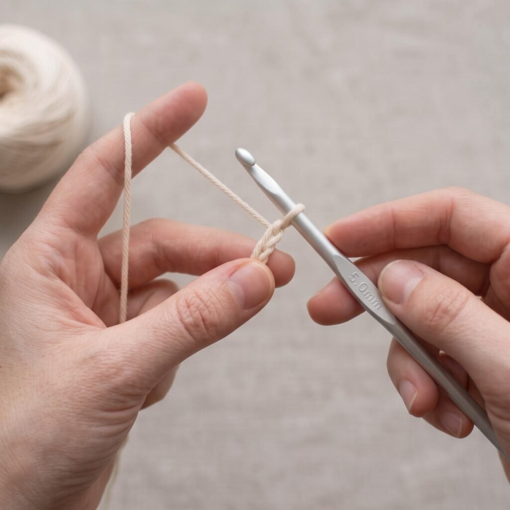 a yarn over wrapped around a 5 mm crochet hook with a foundation chain held below