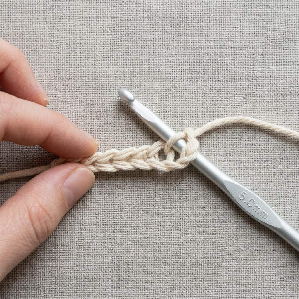 a crochet hook with a yarn over resting on a foundation chain, ready to be inserted into the third chain from the hook