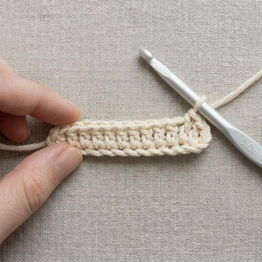 a finished first row of half double crochet with one loop on the hook