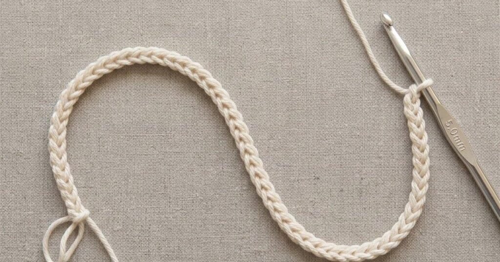A long crochet chain of cream cotton yarn beside a 5 mm crochet hook