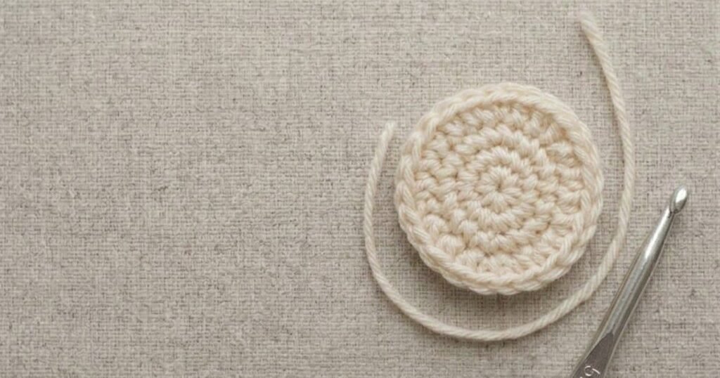 A small crochet circle worked from a magic ring, with its yarn tail and a 5 mm hook beside it