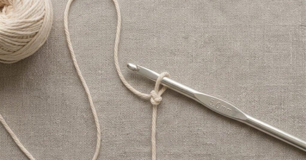 A crochet slip knot with one loop on a 5 mm hook, with cream cotton yarn beside it