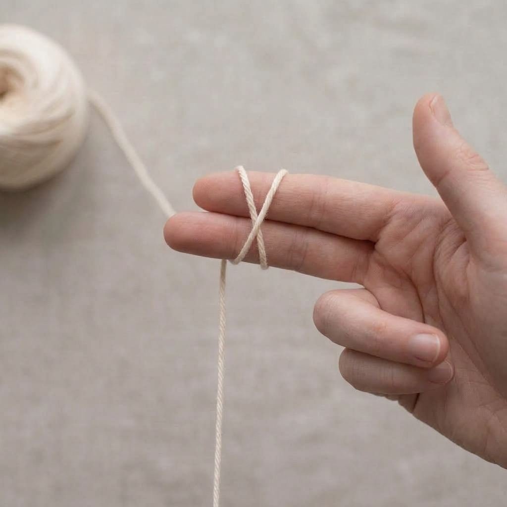 Yarn wrapped around two fingers so it crosses itself to form a ring