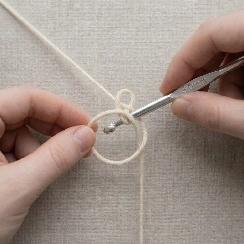 A small loop of yarn pulled up through the ring
