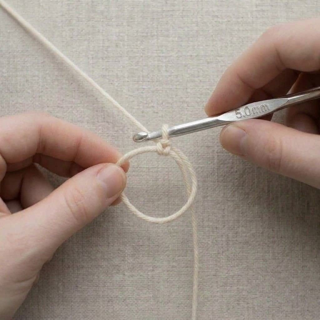 One loop on the hook and a chain stitch above the ring, locking it in place