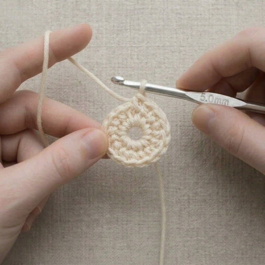 A small circle of single crochet stitches worked into the ring, with the center still open