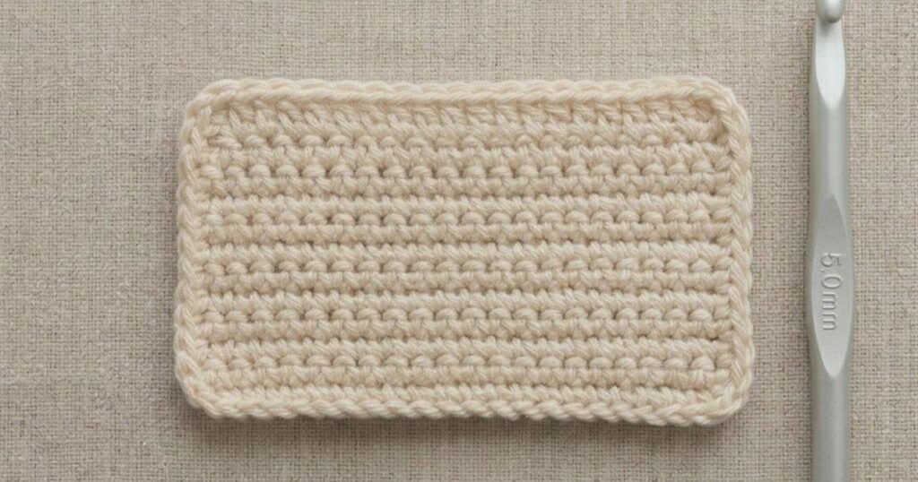 A swatch of single crochet in cream cotton yarn beside a 5 mm crochet hook