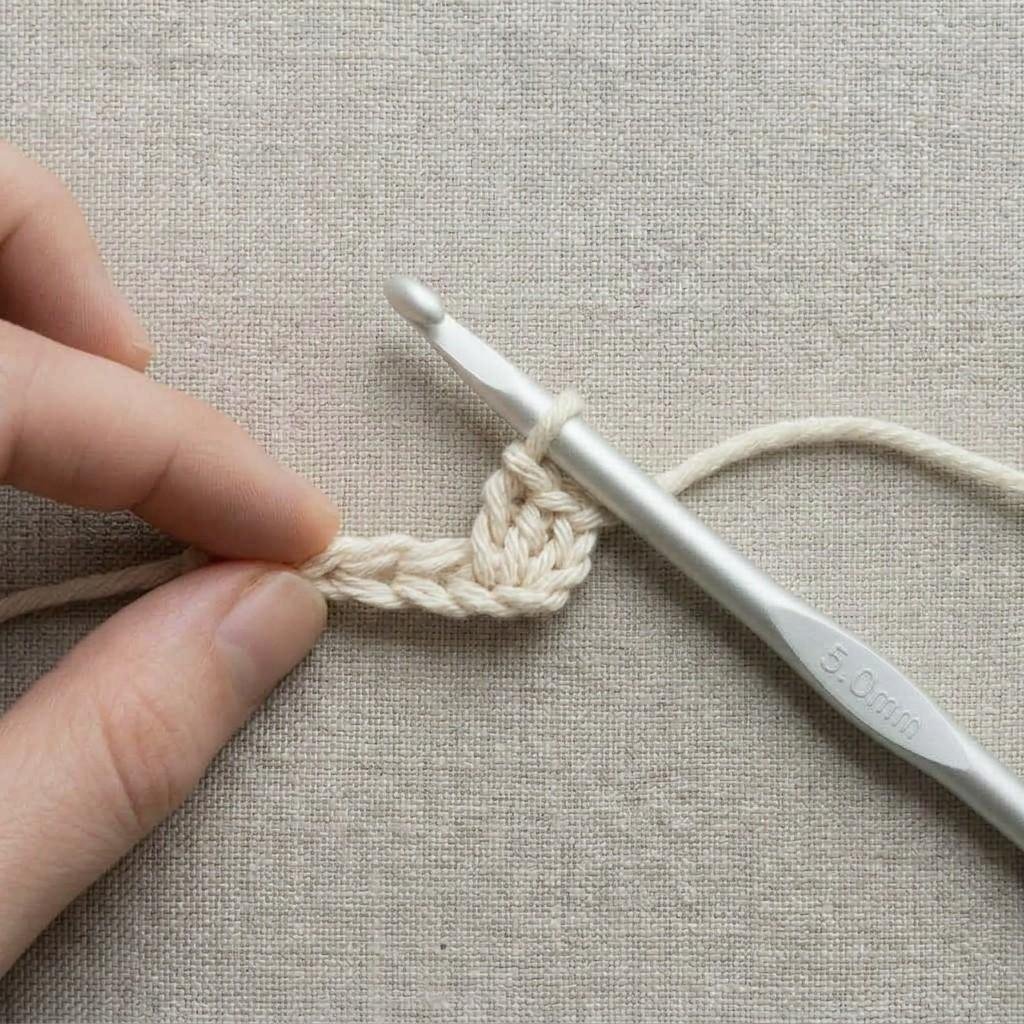 The first single crochet stitch finished, with one loop on the hook