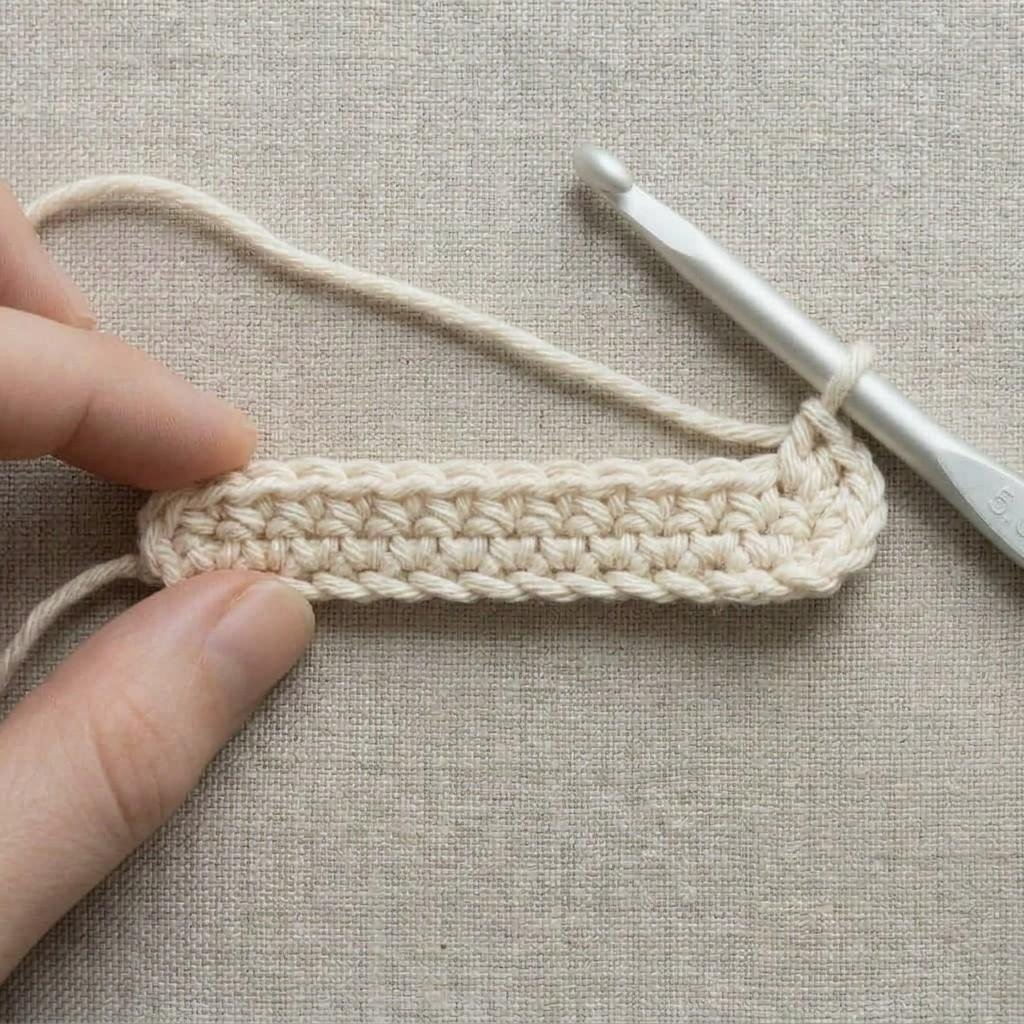A finished row of single crochet stitches with one loop on the hook