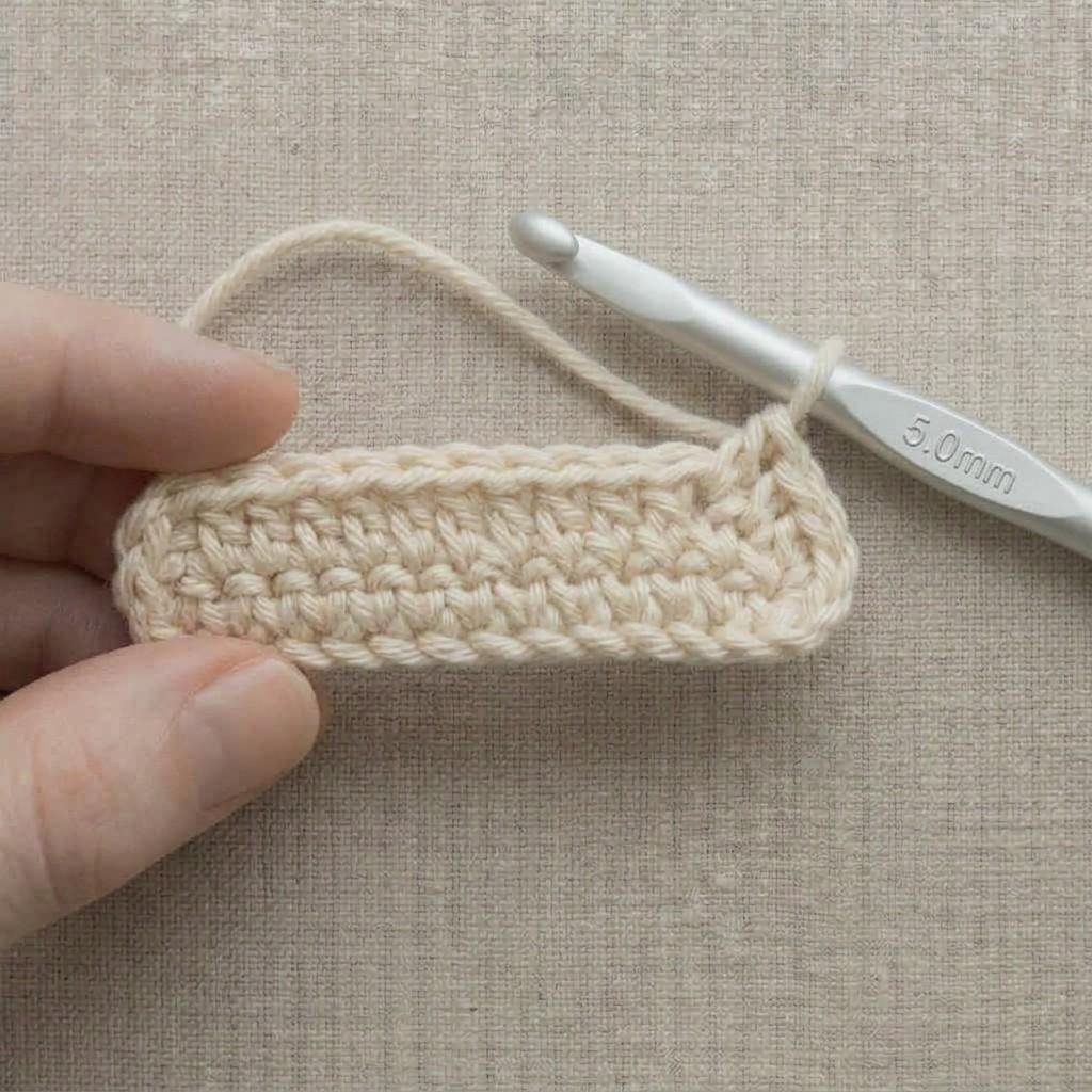 Two finished rows of single crochet with one loop on the hook