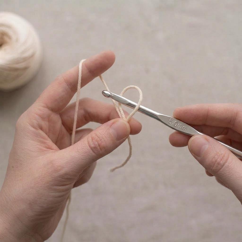 A crochet hook pushed through the middle of the loop