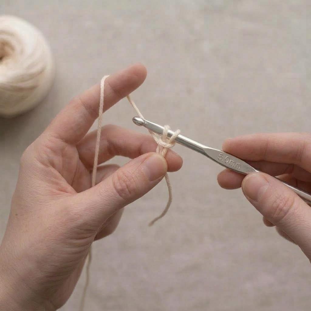The hook catching the working yarn and pulling a new loop through