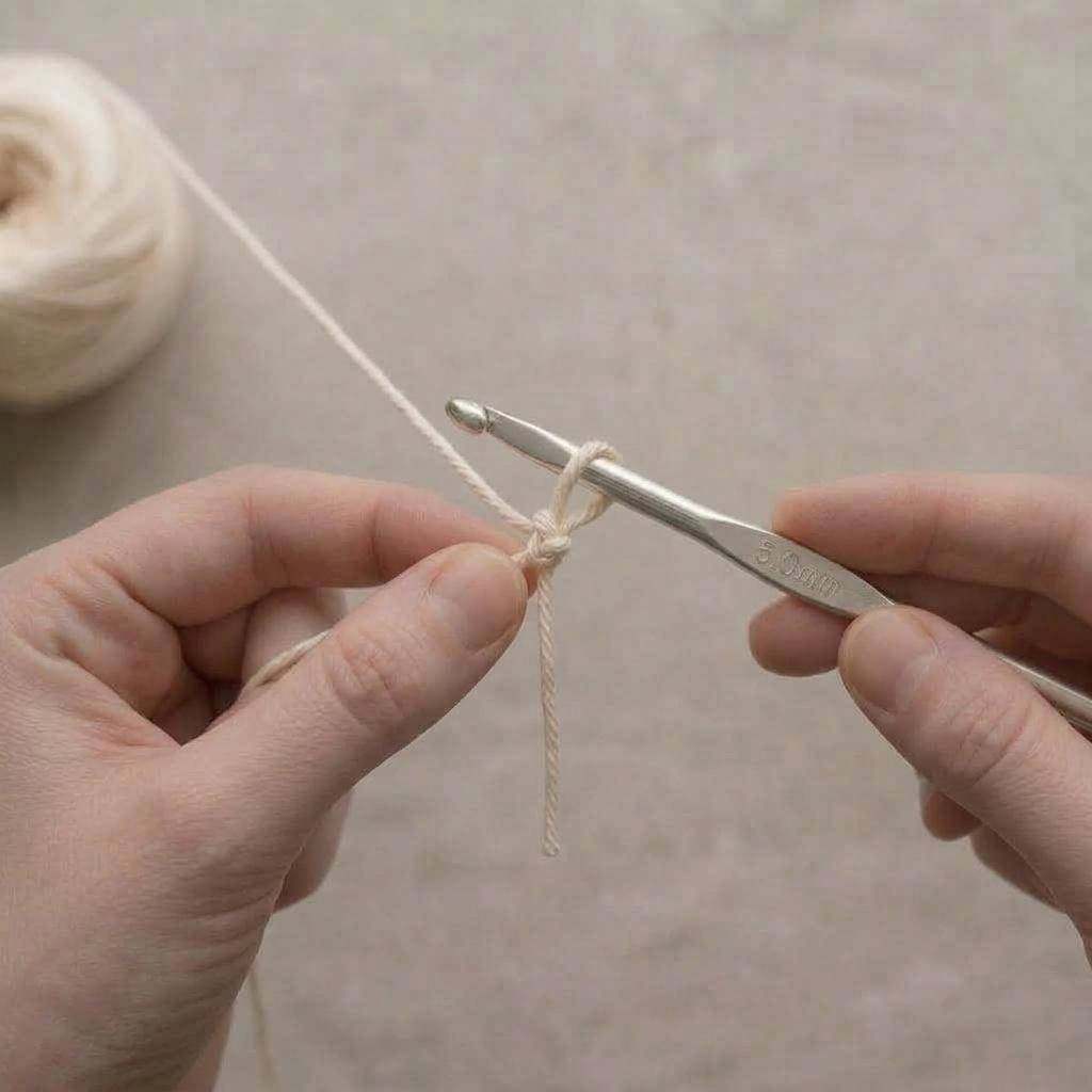 A finished slip knot with one loop sitting comfortably on the hook
